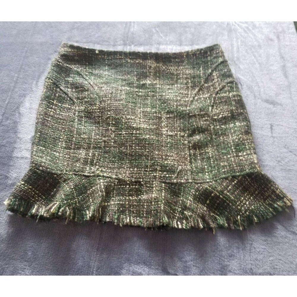 View Womens Sz 10 Green Marled Tweed Career Pencil Skirt Ruffle Hem Fringe Lined